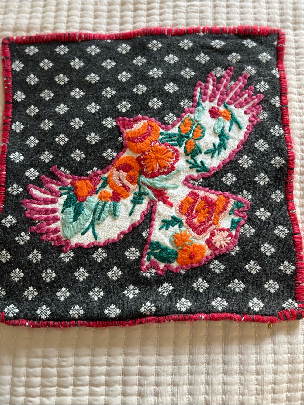 Anthropology Embroidered Floral Bird Accent wool pillow cover.